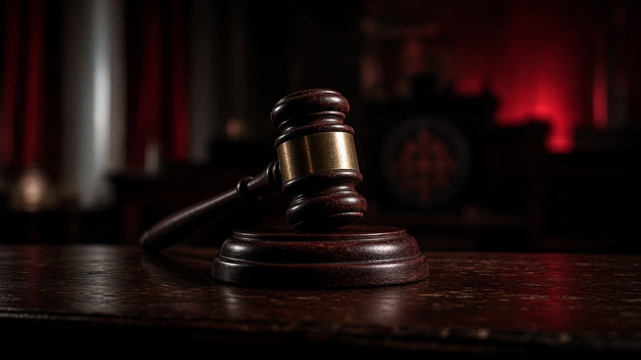 Gavel in a darkened hearing room